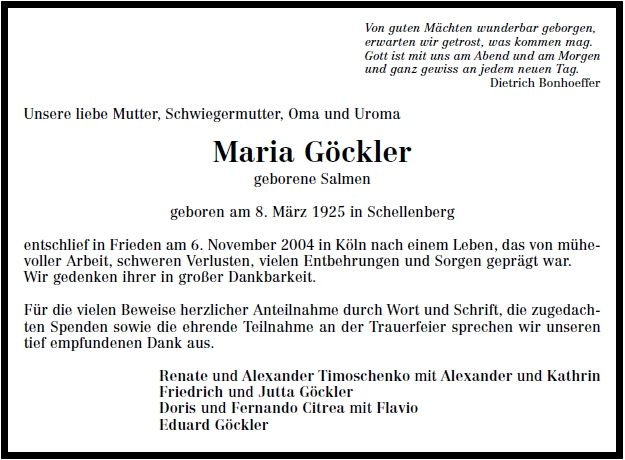 Salmen Maria 1925-2004 Todesanzeige